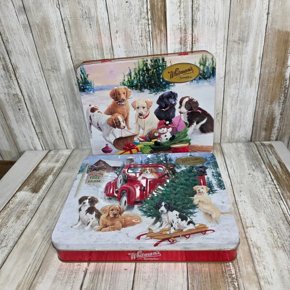 Whitmans Sampler Christmas Tins Set of 2 Dogs Red Truck Puppies James H Killen